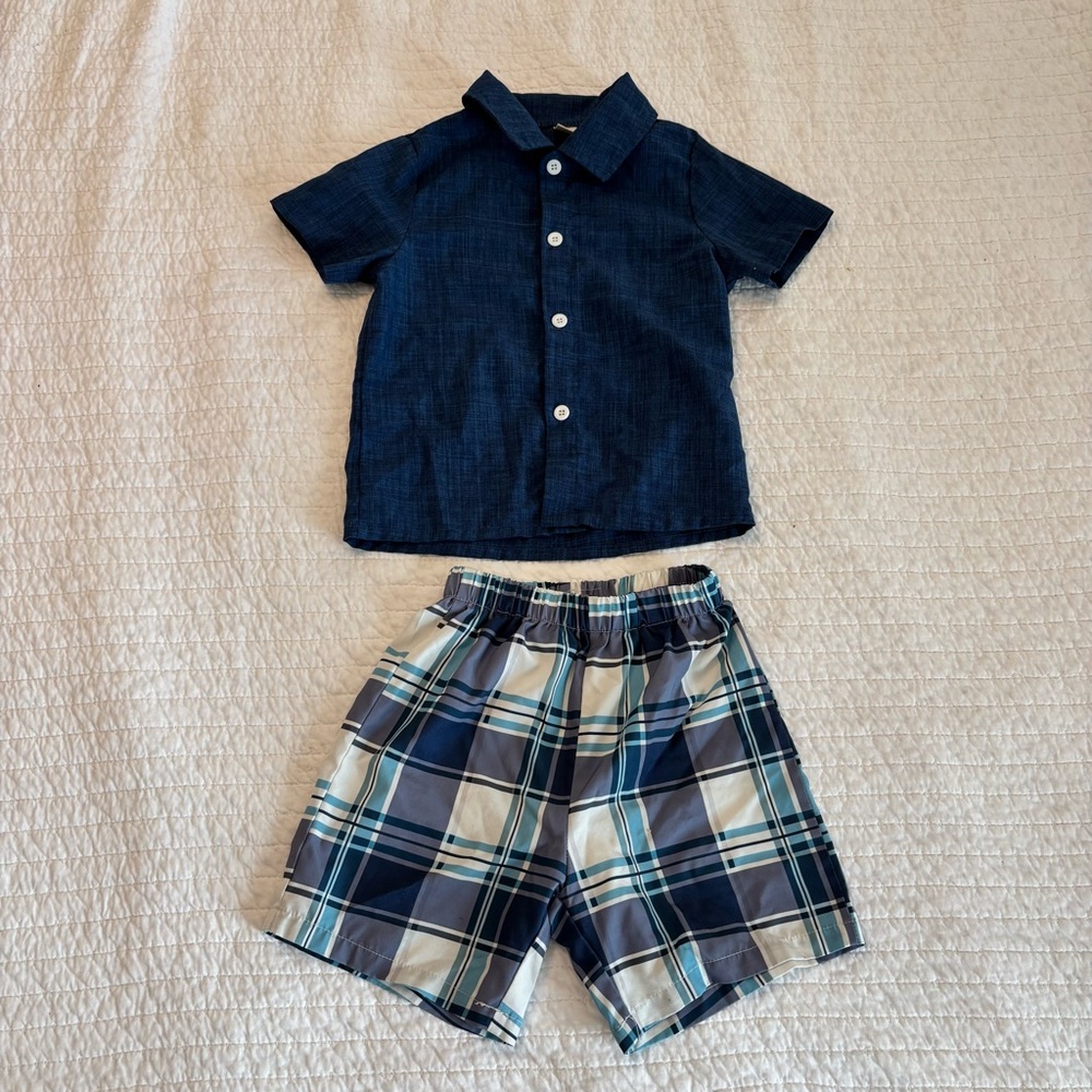 Navy Blue Shirt and Plaid Shorts Set